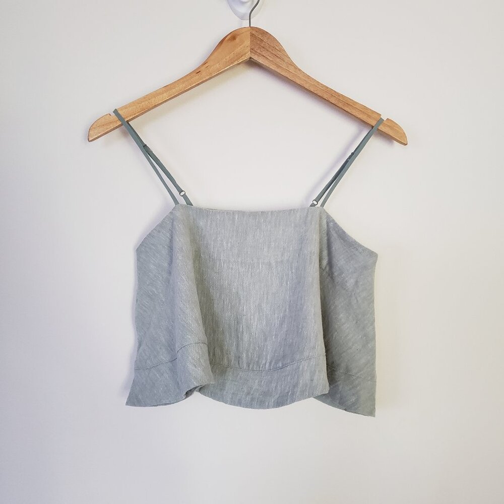 TELA Blue Linen Top Small Spaghetti Strap Summer Flowy Crop Shirt Lightweight S